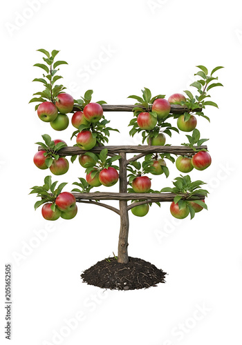 Small Espalier Apple Tree With Ripe Red Fruit Isolated on a White Background for Gardening