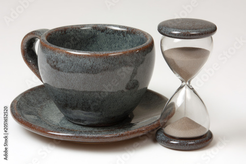 Ceramic coffee cup with hourglass on saucer.