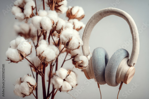 Fabric headphones beside cotton branches on neutral background.