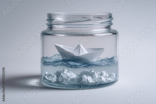 Paper boat floating inside glass jar with water.