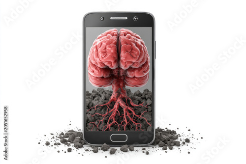 A brain grows roots inside a smartphone. Space for text.