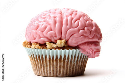 Pink brain on a cupcake against white background. Space for text.