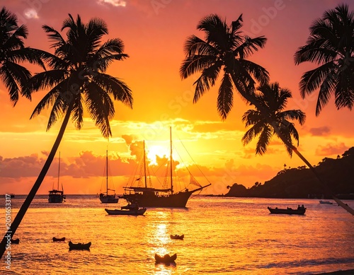 A serene tropical sunset scene with palm trees, boats on calm waters
