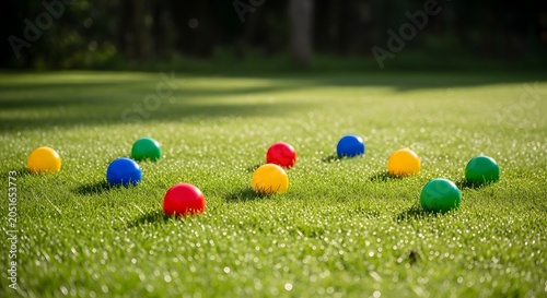 Colorful lawn bowls balls scattered on a manicured grass field with recreation colorful activity equipment competition training