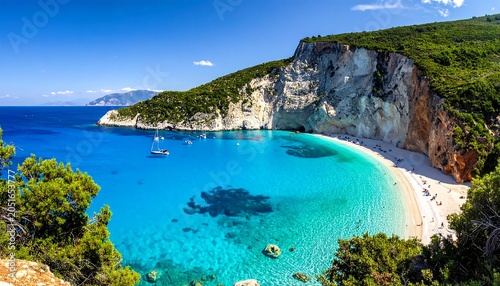 A serene turquoise bay nestled among lush greenery and rugged cliffs