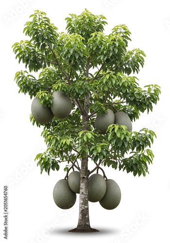 Isolated Calabash Tree With Large Green Fruit Hanging From Branches On White Background