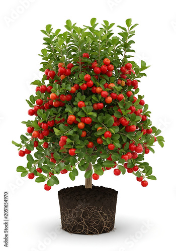 Potted Acerola Cherry Tree with Ripe Red Fruit Isolated on White Background