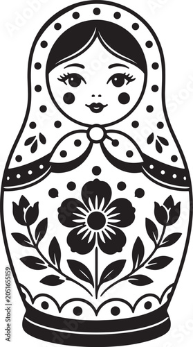 Black and white of a traditional russian matryoshka nesting doll with floral patterns and polka dots on white background, also transparent background