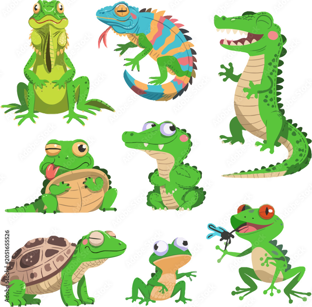 Fototapeta premium All the Feels Reptile Character Sticker Sheet, Cute Wild Animal and Lizard Pet Mascot Vector