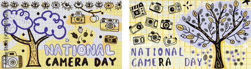 National Camera Day Hand Drawn Photography Doodle Vector Illustration Set