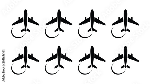 Schilderij op canvas Collection of eight black airplane icons with curved flight paths against a whit