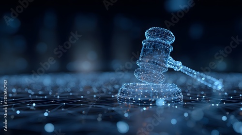 Abstract futuristic 3D render of glowing digital gavel icon on holographic network grid, cyber law legal technology and electronic contract justice concept
 