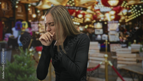 Foto Young woman coughing into elbow and clutching throat on a street lined with market stalls, rope stanchions and warm lights; sickness