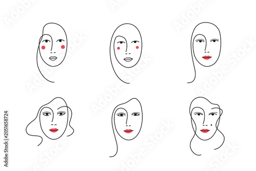 6 basic face shapes. Cute line art illustration of woman face. Contour line illustration for beauty salons, cosmetics. 