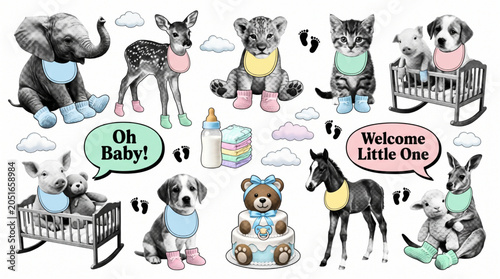 Photos Baby shower halftone art collage cut outs set