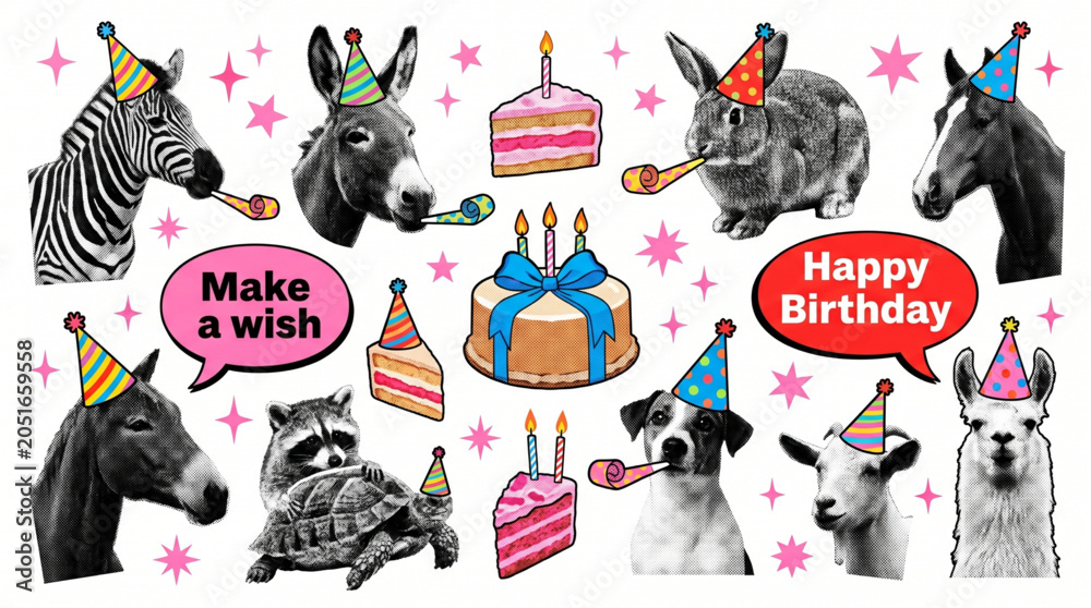 Naklejka premium Happy birthday halftone art collage cut outs set. Fun party animals stickers with vintage dot texture and doodles, donkey horse zebra rabbit goat llama wearing hats cake and pop art bubbles.