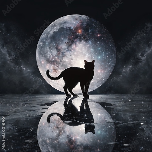 Mystical Black Cat Under a Cosmic Full Moon