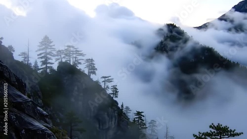Thick morning mist and clouds rolling over silhouetted pine trees on mountain ridges