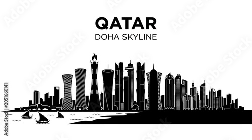 Qatar Doha Skyline Silhouette Against White Background