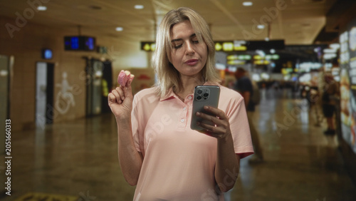 Fotografie Woman holding pink pastry and smartphone while checking messages and glancing at the screen in a busy airport concourse; curiosity leisure
