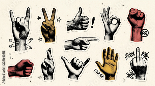 Bild auf Leinwand Trendy halftone hand gestures collage elements set