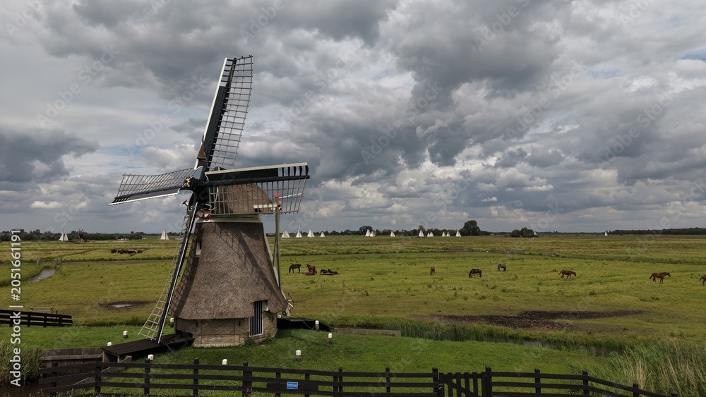 Fototapeta premium Aerial view of the traditional Borgmolen windmill in Earnewald, surrounded by vibrant green meadows and wetlands under a dramatic cloudy sky, with distant sailboats.