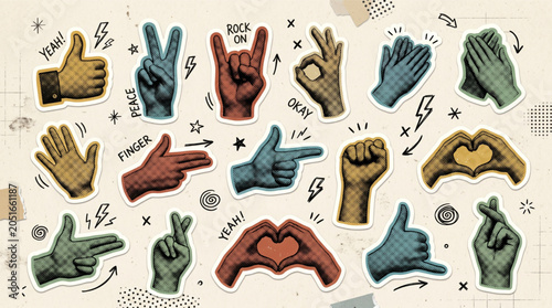 Vászonkép Hand gestures halftone art collage stickers set