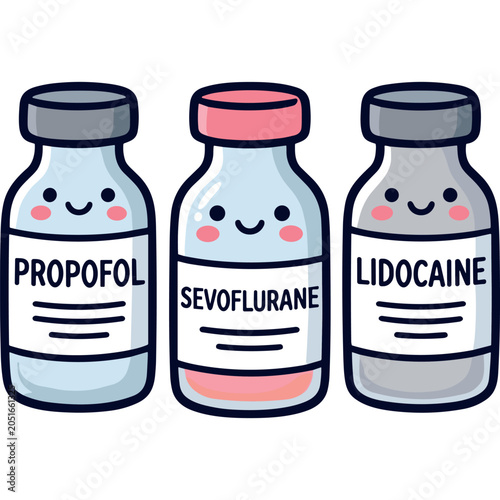 Cuadro en lienzo Cute Anesthesia Drugs Vials Clipart Vector, Kawaii Propofol Sevoflurane Lidocain