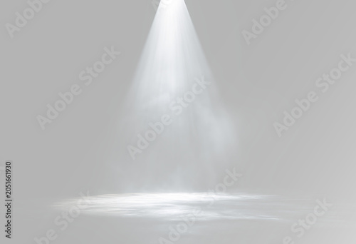 Fotografía Bright white light beam descending from above with soft mist and illuminated cen