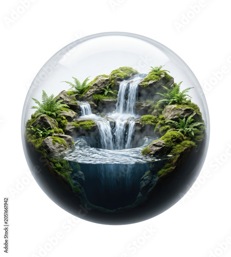 Glass orb containing a miniature waterfall terrarium with mossy rocks, ferns and cascading pools