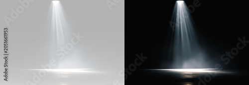 Foto Bright white light beam descending from above with soft mist and illuminated cen
