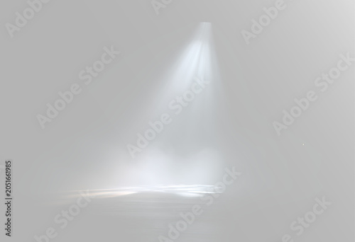 Foto Bright white light beam descending from above with soft mist and illuminated cen