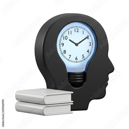 Human Head Silhouette with Clock and Books