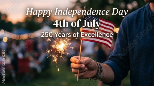 Happy independence day 4th of july celebration with american flag and sparkler in hand