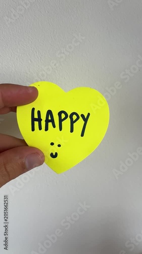 Hand holding yellow heart card with Happy text and smiley face
