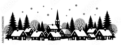 Winter village silhouette with snowy house church and pine tree