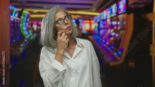 Cuadro en lienzo Woman points finger forward in casino aisle beside slot machines wearing glasses and white shirt; firm disapproval