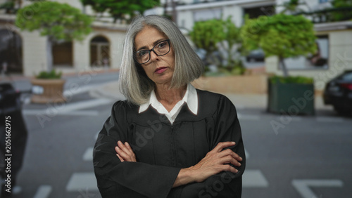 Bild auf Leinwand Woman judge with arms crossed on city street crosswalk, grey hair wearing black robe and glasses facing camera; authority