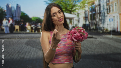 Photography Woman beckons with fingers while holding pink peony bouquet on a sunny cobblestone street; playful invitation