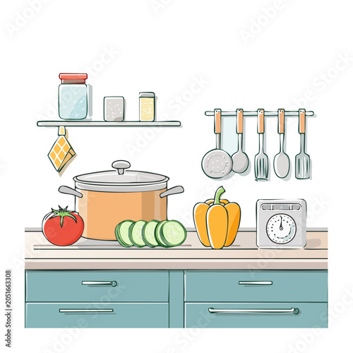 Kitchen counter with cooking pot, vegetables, and utensils