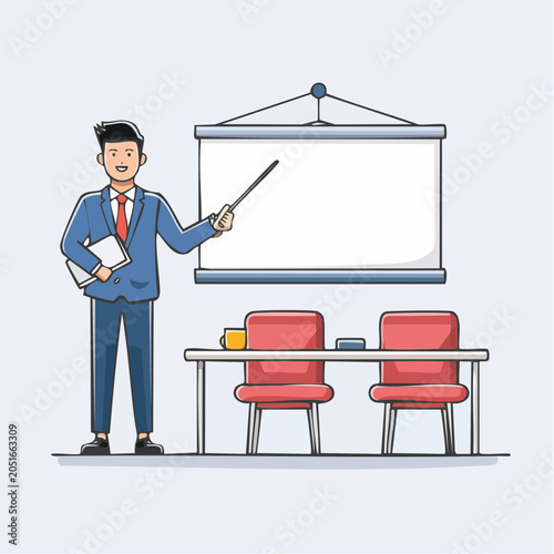 Man in suit presenting at a whiteboard in a meeting room