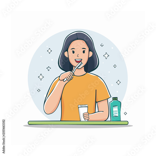 Woman brushing teeth with toothbrush and mouthwash