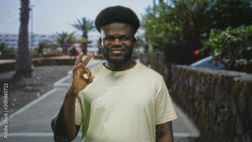 Valokuva Man showing ok sign with right hand wearing light t shirt on city street near stone wall and palm trees; approval