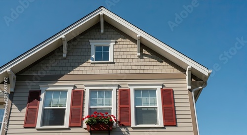 House with red shutters and flower box under window
