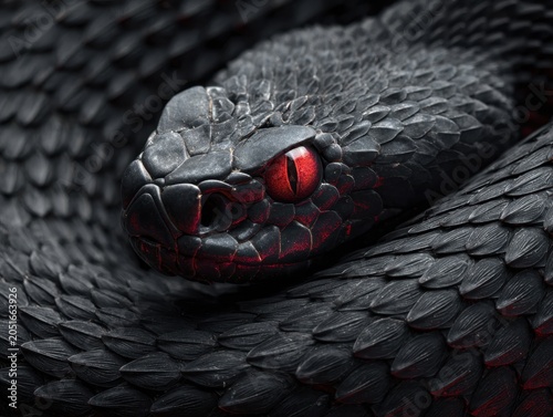 Close up of Black Viper with Red Eyes Coiled a Venomous Snake Scales Reptile Dangerous Wildlife Predator Poisonous Creature Nature Animal Creepy Wild Serpent Scary