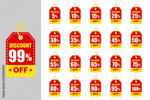 Label Discount Sticker Tag Set with 5, 10, 15, 20, 25, 30, 35, 40, 45, 50, 55, 60, 65, 70, 75, 80, 85, 90, 95, 99, 100 Percent Off Sale Labels and Special Offer Promotion Badges