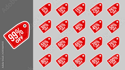 Label Discount Sticker Tag Set with 5, 10, 15, 20, 25, 30, 35, 40, 45, 50, 55, 60, 65, 70, 75, 80, 85, 90, 95, 99, 100 Percent Off Sale Labels and Special Offer Promotion Badges