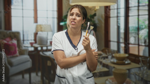 Cuadro en lienzo Young blonde woman wearing white uniform holding brushes, hand raised and gesturing in a building living room with sofa, lamp and table visible; frustration