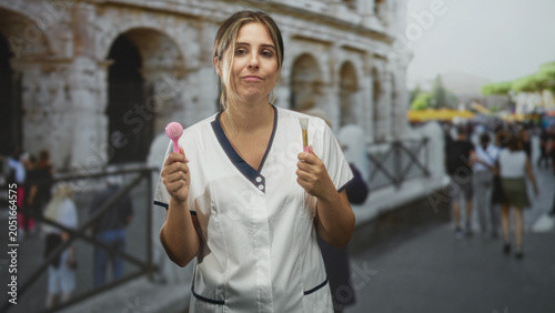 Obraz na płótnie Woman nurse in white coat holds a pink facial brush and a makeup brush in both hands on a street near colosseum; bemused humor