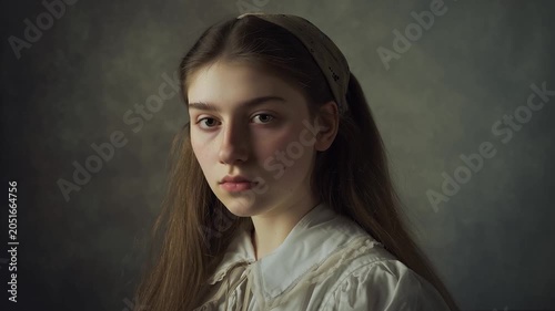 RITRATTO ARTISTICO DI GIOVANE DONNA IN STILE DIPINTO CLASSICO, ATMOSFERA VINTAGE E INTENSITÀ ESPRESSIVA